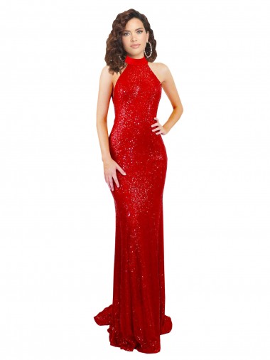 Cheap Red High Neck Sleeveless Open Back Sequin Long Evening Dress UK