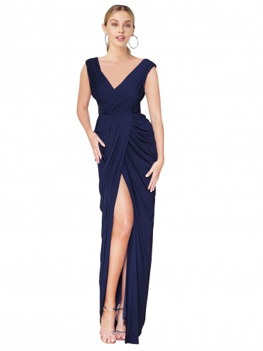 Cheap Dark Navy High Neck Sleeveless V-Back Long Sexy Evening Dress UK