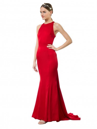 Cheap Red High Neck Sleeveless Open Back Long Maxi Evening Dress UK