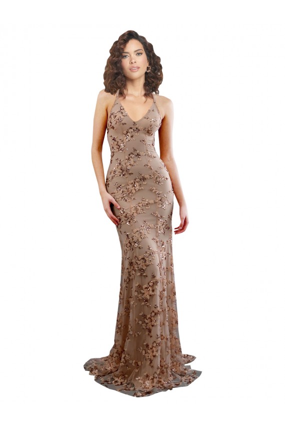 Purcahse  Rose Gold High Neck Sleeveless Backless Long Evening Dress UK