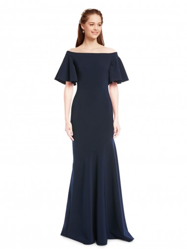 Cheap Dark Navy Off the Shoulder Short Sleeves Long Evening Dress UK