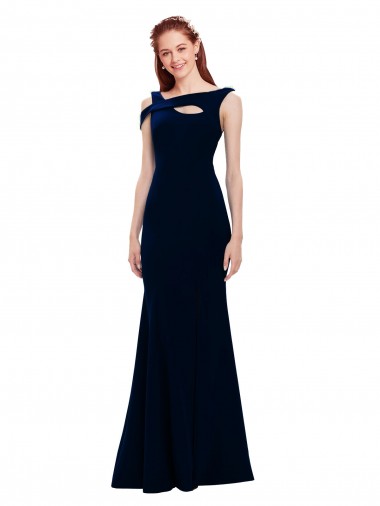 Cheap Dark Navy Off the Shoulder Sleeveless Stretch Crepe Long Evening Dress UK