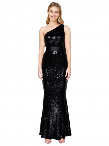 Cheap Black One Shoulder Sleeveless Sequin Long Evening Dress UK