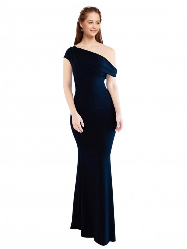 Cheap Dark Navy One Shoulder Sleeveless Stretch Crepe Long Evening Dress UK