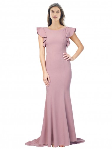 Cheap Dusty Pink Round Neck Flutter Sleeves Low Back Sweep Train Evening Dress UK