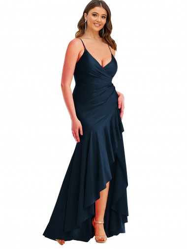 Cheap Dark Navy Spaghetti Straps Sleeveless Long Plus Size Wedding Party Dress UK