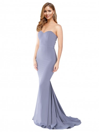 Cheap Smoke Blue Strapless Sleeveless Low Back Long Evening Dress UK