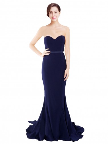 Cheap Dark Navy Strapless Sleeveless Low Back Stretch Crepe Sweep Train Semi Formal Evening Dresses UK