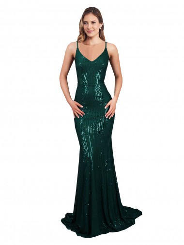 Cheap Dark Green V-Neck Sleeveless Low Back Long Sexy Evening Dress UK