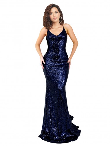 Cheap Dark Navy V-Neck Sleeveless Low Back Long Sexy Evening Dress UK