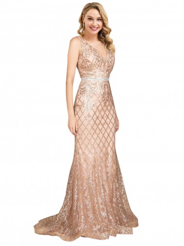 Cheap Rose Gold V-Neck Sleeveless V-Back Long Plus Size Evening Dress UK