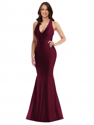 Cheap Burgundy V-Neck Sleeveless Open Back Long Sexy Plus Size Evening Dress UK