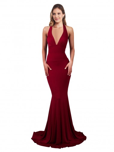 Cheap Burgundy V-Neck Sleeveless Open Back Spandex Long Sexy Evening Dress UK