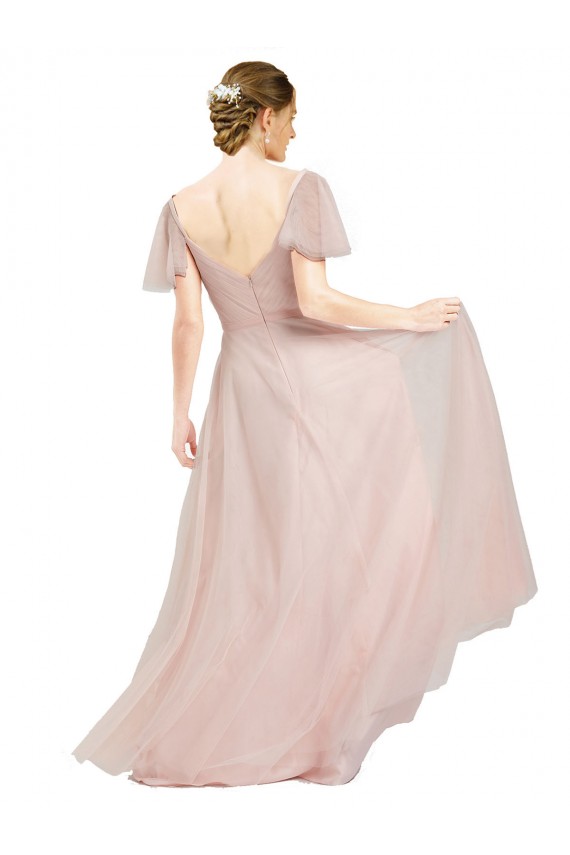 Purcahse  Pink V-Neck Flutter Sleeves Long Semi Formal Evening Dress UK