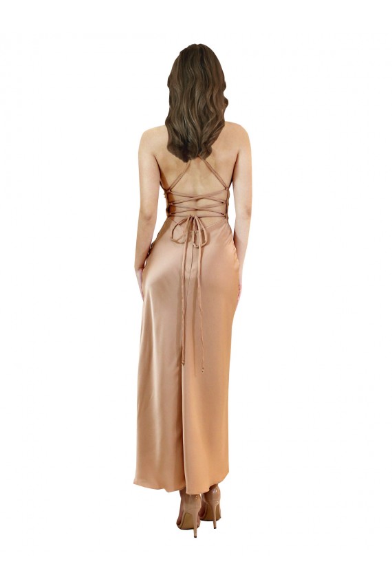 Purcahse  Rose Gold Cowl Neck Sleeveless Low Back Midi Length Evening Dress UK