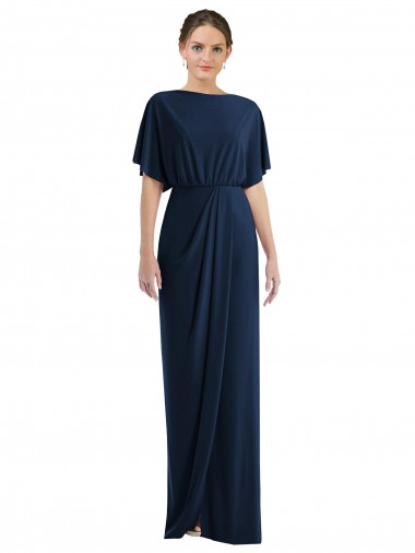 Cheap Dark Navy Bateau Neck Short Sleeves Open Back Long Maxi Evening Dress UK