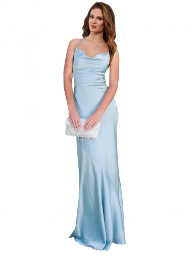 Cheap Light Sky Blue Cowl Neck Sleeveless Criss Cross Open Back Long Evening Dress UK