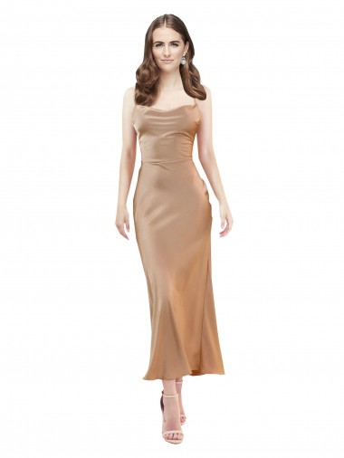 Cheap Rose Gold Cowl Neck Sleeveless Low Back Midi Length Evening Dress UK