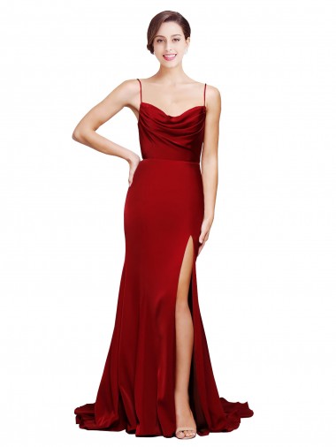 Cheap Burgundy Cowl Neck Sleeveless Criss Cross Back Sweep Train Evening Dress UK