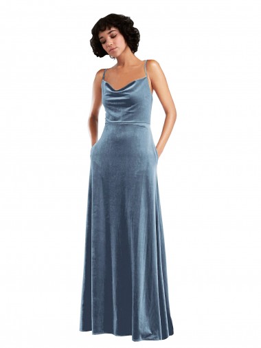 Cheap Dusty Blue Cowl Neck Sleeveless Criss Cross Open Back Long Maxi Evening Dress UK