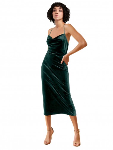 Cheap Dark Green Cowl Neck Sleeveless Criss Cross Open Back Midi Length Evening Dress UK