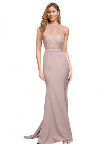 Cheap Dusty Pink High Neck Sleeveless Stretch Crepe Sweep Train Evening Dress UK