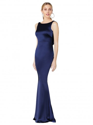 Cheap Dark Navy High Neck Sleeveless Low Back Stretch Satin Long Evening Dress UK