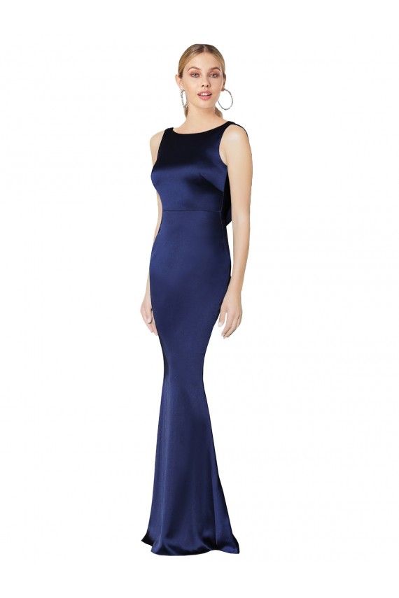 Purcahse  Dark Navy High Neck Sleeveless Low Back Stretch Satin Long Evening Dress UK