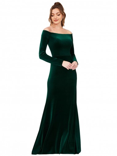 Cheap Dark Green Off the Shoulder Long Sleeves Long Evening Dress UK