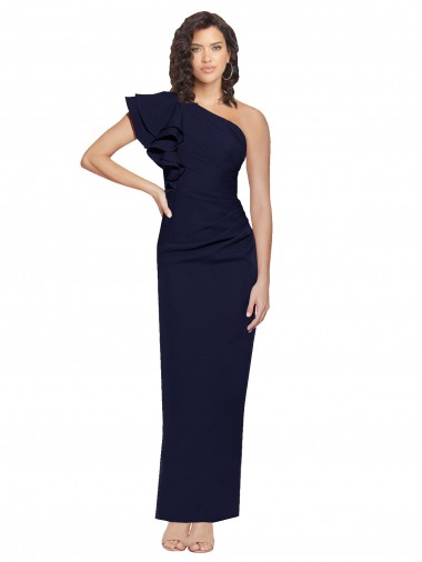 Cheap Dark Navy One Shoulder Sleeveless Stretch Crepe Long Evening Gown UK