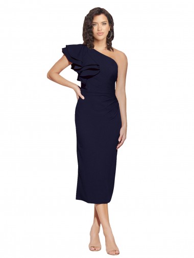 Cheap Dark Navy One Shoulder Sleeveless Midi Length Wedding Party Dress UK