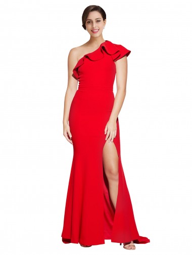 Cheap Red One Shoulder Sleeveless Sweep Train Semi Formal Evening Dress UK