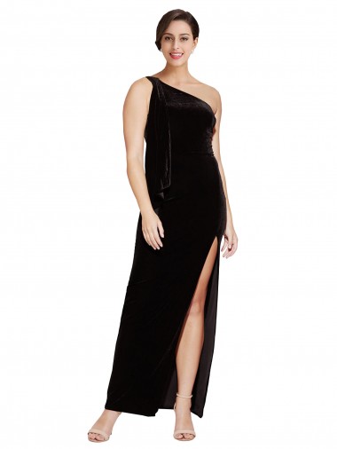 Cheap Black One Shoulder Sleeveless Stretch Velvet Long Evening Dress UK