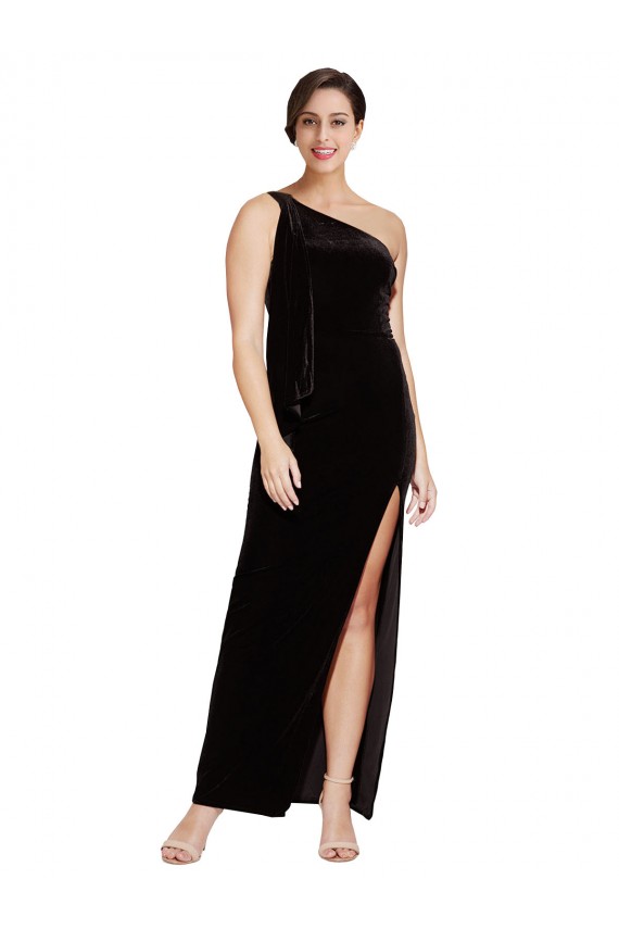 Purcahse  Black One Shoulder Sleeveless Stretch Velvet Long Evening Dress UK