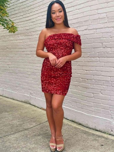 Cheap Burgundy One Shoulder Sleeveless Short Homecoming Dress UK