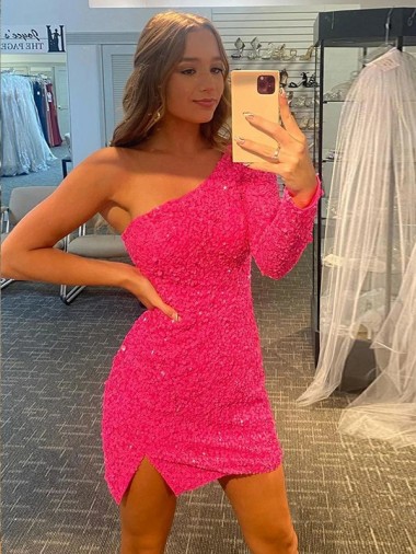 Cheap One Shoulder Long Sleeves Short Homecoming Dress UK