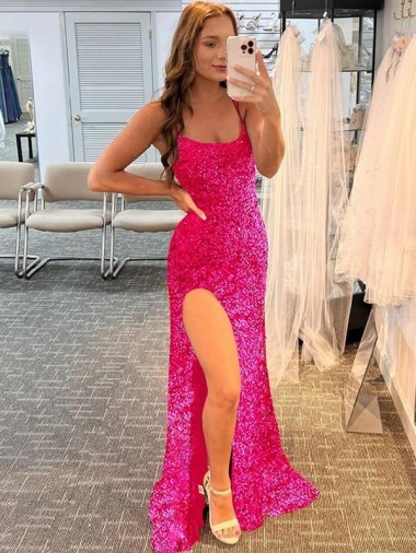 Cheap Fuchsia Spaghetti Straps Sleeveless Sweep Train Evening Dress UK