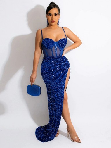 Cheap Royal Blue Spaghetti Straps Sleeveless Sweep Train Long Evening Dress UK