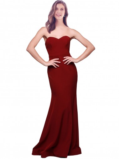 Cheap Burgundy Strapless Sleeveless Low Back Stretch Crepe Long Evening Dress UK