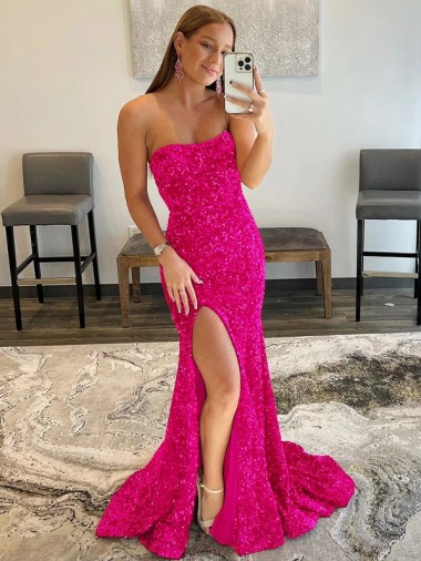 Cheap Fuchsia Strapless Sleeveless Sweep Train High Slit Evening Dress UK