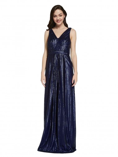 Cheap Dark Navy V-Neck Sleeveless V-Back Sequin Long Evening Dress UK