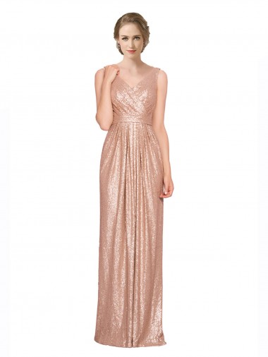 Cheap Rose Gold V-Neck Sleeveless Long Evening Dress UK