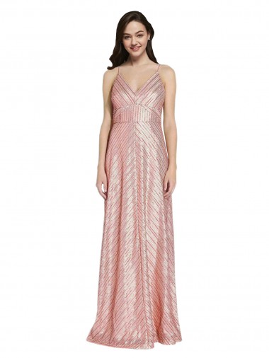 Cheap Rose Gold V-Neck Sleeveless Low Back Long Evening Dress UK