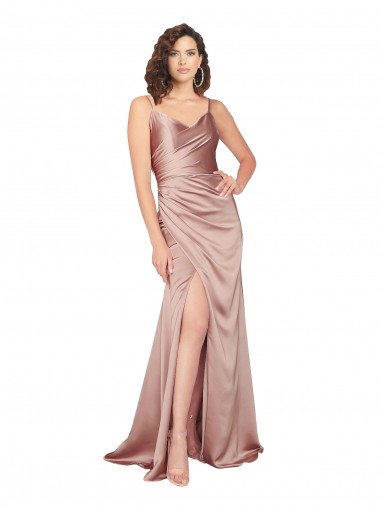 Cheap Dusty Pink V-Neck Sleeveless V-Back Silky Satin Long Evening Dress UK