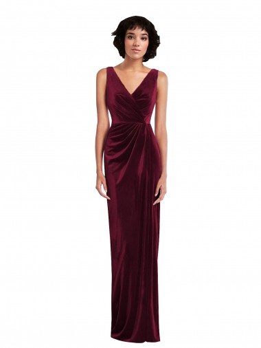 Cheap Burgundy V-Neck Sleeveless Stretch Velvet Long Maxi Evening Dress UK