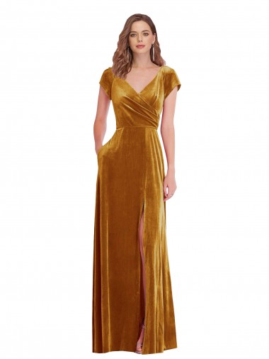 Cheap Gold V-Neck Cap Sleeves Long Maxi Evening Dress UK