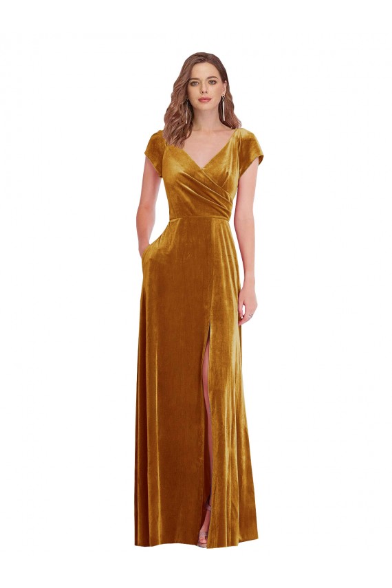 Purcahse  Gold V-Neck Cap Sleeves Long Maxi Evening Dress UK