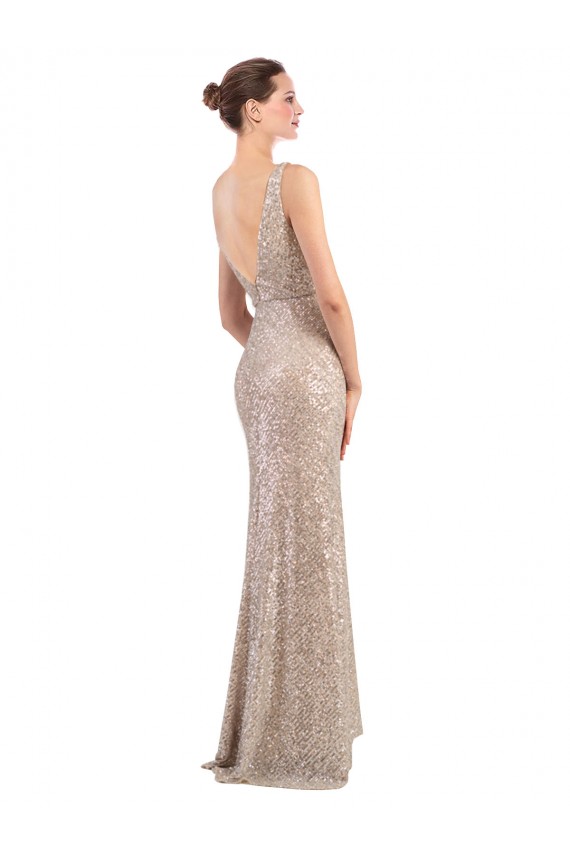 Purcahse  Silver V-Neck Sleeveless Low Back Long Evening Dress UK