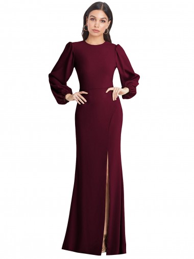 Cheap Burgundy Gold Bateau Neck Puff Sleeves Open Back Long Evening Dress UK