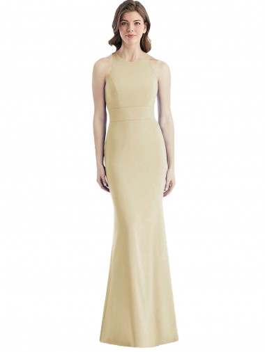 Cheap Champagne Bateau Neck Sleeveless Criss Cross Open Back Long Semi Formal Evening Dress UK